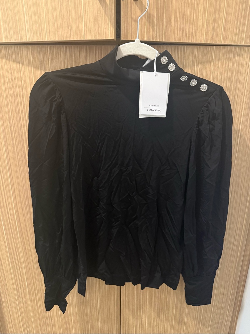 Black Mock Neck Blouse with Decorative Shoulder Buttons NWT